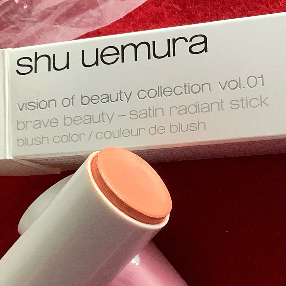 NIB Shu Uemura Satin Radiant stick, Blush, Coral, swatched, Made in Japan